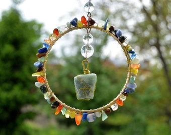 Handmade raw aventurine hanging, Whimsical fairy circle with multi gem chips, Beaded circle hanging 4 inches diameter