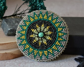 Bead embroidered medallion 2.7 inches, Desert flower medallion, Southwestern brooch