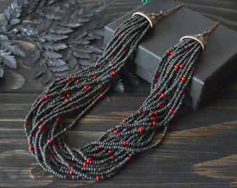 Handmade gothic necklace multi strand, Gray marble and red seed beads 18 strand necklace, Beaded choker, Witchy jewelry