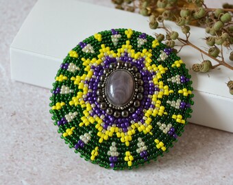 Beaded medallion 2.7 inches, Tribal brooch, Southwestern style rosette hair clip or brooch