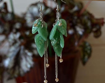Handmade Green Glass Leaf Earrings: Fairy Woodland Dangle Earrings