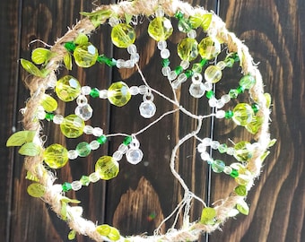 Atrapasueños del Árbol de la Vida de las Hadas: Círculo de hojas de cristal verde