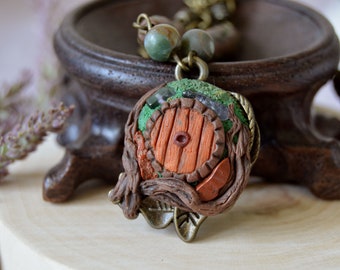 Fairy door necklace, Polymer clay cameo pendant, Delicate necklace with tiny gems and agate beads