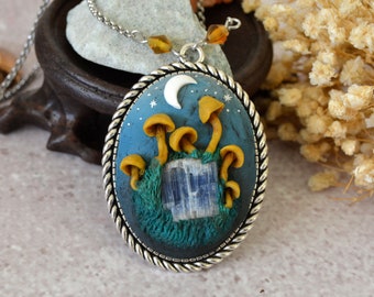 Death cap mushroom necklace with raw blue tourmaline, Handmade mushroom necklace polymer clay