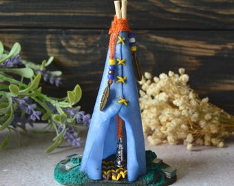Tepee miniature Fairy house 5 inches tall, Tipi figurine polymer clay, Handmade Wigwam, Terrarium miniature
