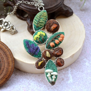 Handmade Green Witch Necklace: Forest Plant & Mushroom Pendant