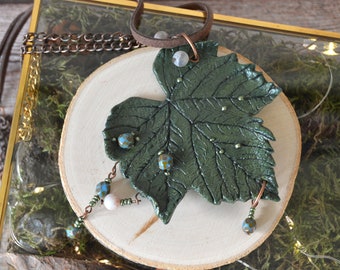 Large Maple leaf neckalce, Woodland necklace, Green witch forest necklace, polymer clay jewelry