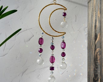 Crescent moon suncatcher with purple crystals, Crystal suncatcher, Handmade witchy decor