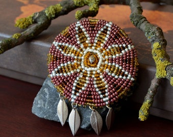 Bead embroidered medallion 2.3 inches, Brown feathers medallion, Southwestern brooch