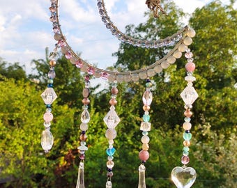 Atrapasueños de luna estilo Fairycore, colgante de ventana con prisma de cristal, decoración bohemia y caprichosa.