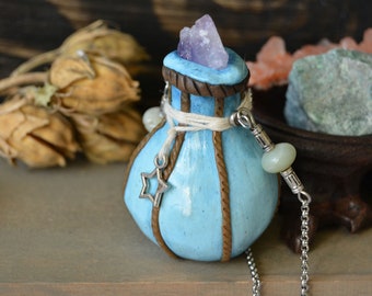 Polymer clay potion necklace with raw amethyst, Large mana potion necklace, Fantasy RPG props, Magic potion, Gift for gamer
