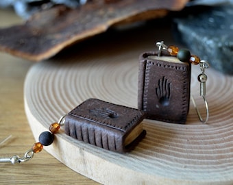 Skyrim magic spell book earrings, School of Destruction, TES inspired cosplay jewelry, Tiny book earrings