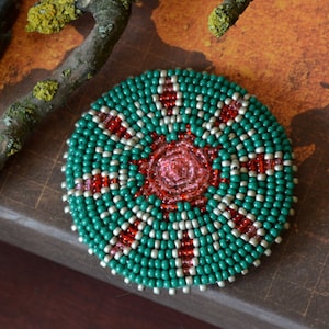 Bead embroidered medallion brooch 2 inches, Floral tribal medallion, Southwestern style brooch