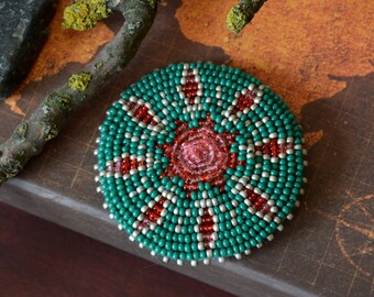 Bead Embroidered Medallion Brooch: Southwestern Tribal Style, 2.1&quot;