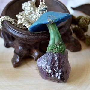 Amethyst mushroom pendant, Raw gemstone necklace, Woodland mushroom necklace