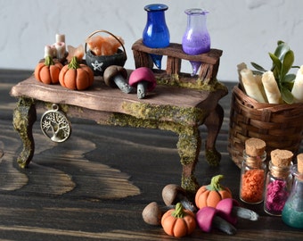 Fairy apothecary table with pumpkins, mushrooms, scrolls and potions, Witchy miniature, Woodland witch fairy table