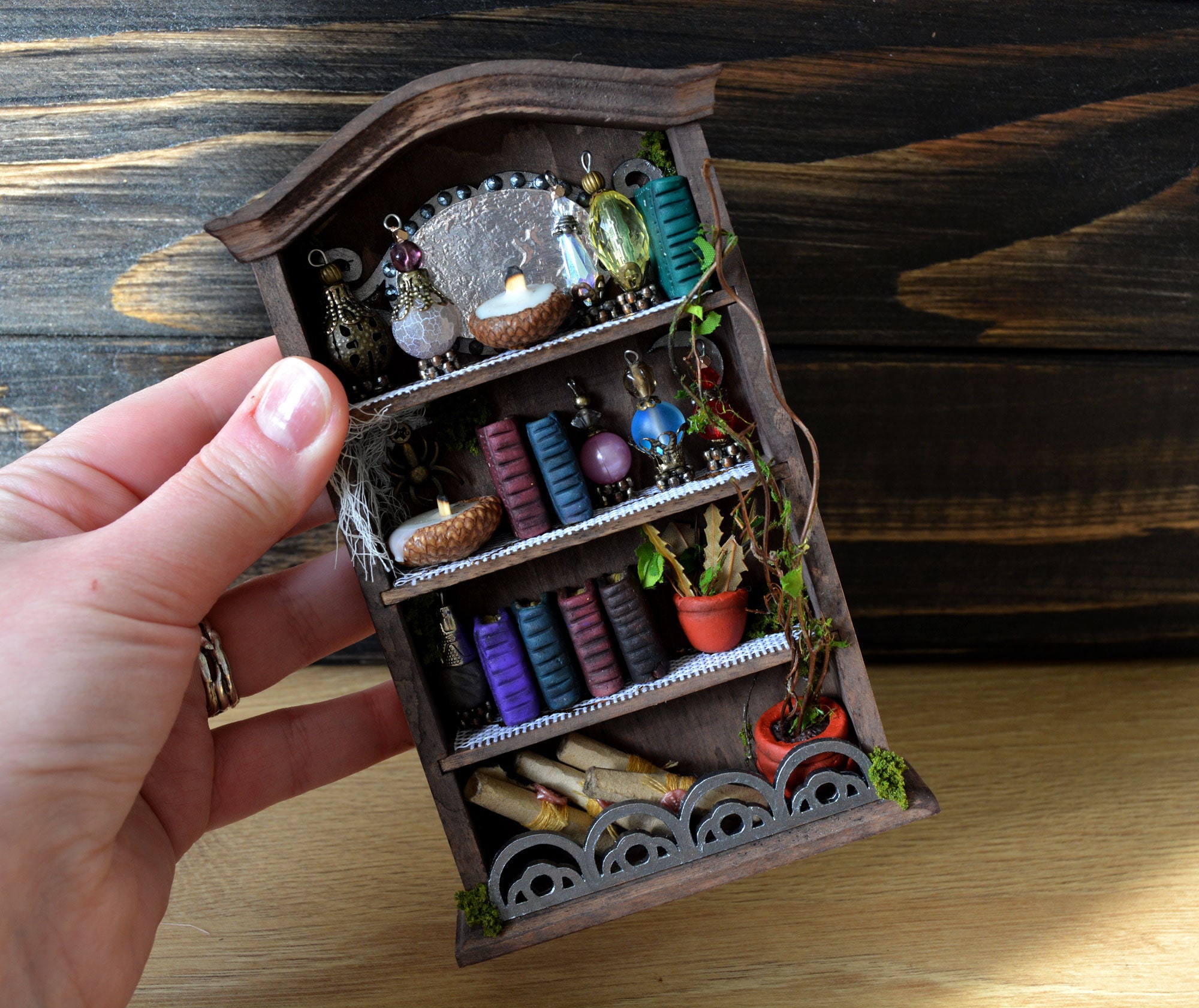 Witch Miniature Bookshelf, Handmade Fantasy Potion Shelf