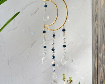 Moon suncatcher with royal blue crystals, Crystal suncatcher, Handmade lunar decor