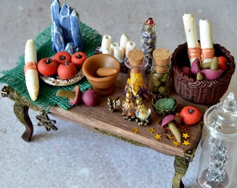 Fairy apothecary table with potions, mushrooms, scrolls and ingredients, Miniature furniture, Woodland witch fairy table