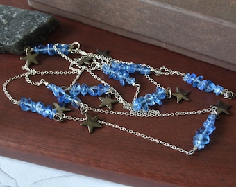 Raw blue beaded chain necklace, Extra long stacking necklace 40 inches, Handmade flapper necklace double wrap