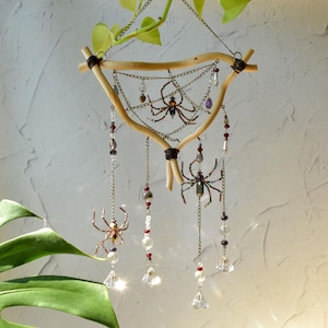 Crystal Spider Web Suncatcher: Gothic Window Hanging with Beaded Spiders