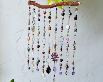 Purple Beaded Suncatcher, Eclectic Boho Wall Decor, Witchy Whimsical Mobile