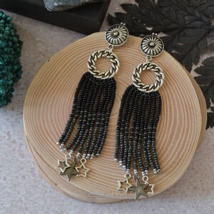 Black beaded fringe earrings, Gothic earrings with silver stars, Witchy earrings, Dangle hoop black earrings