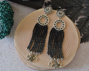 Black beaded fringe earrings, Gothic earrings with silver stars, Witchy earrings, Dangle hoop black earrings