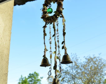 Witchy bells hanging suncatcher with leaves, Braided hemp woodland mobile, Rustic hanging bells for bookshelf, Crystal beaded wind chime