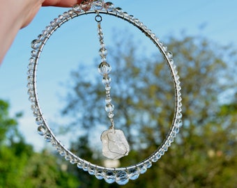 Handmade raw quartz suncatcher, Minimalist circle suncatcher, Crystal beaded circle hanging 6 inches diameter
