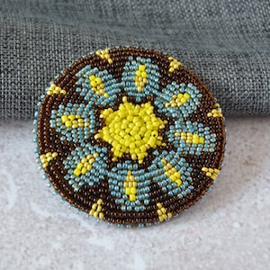 Bead embroidered medallion 3 inches, Southwestern style rosette medallion, Beaded brooch