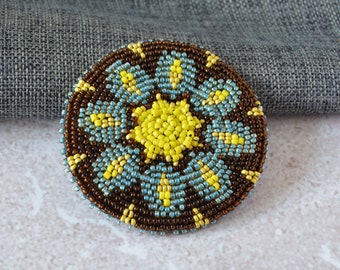 Bead embroidered medallion 3 inches, Southwestern style rosette medallion, Beaded brooch