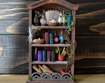 Alchemist cabinet with mirror, books, scrolls, plants and potions, Gift for gamer, Miniature apothecary cabinet