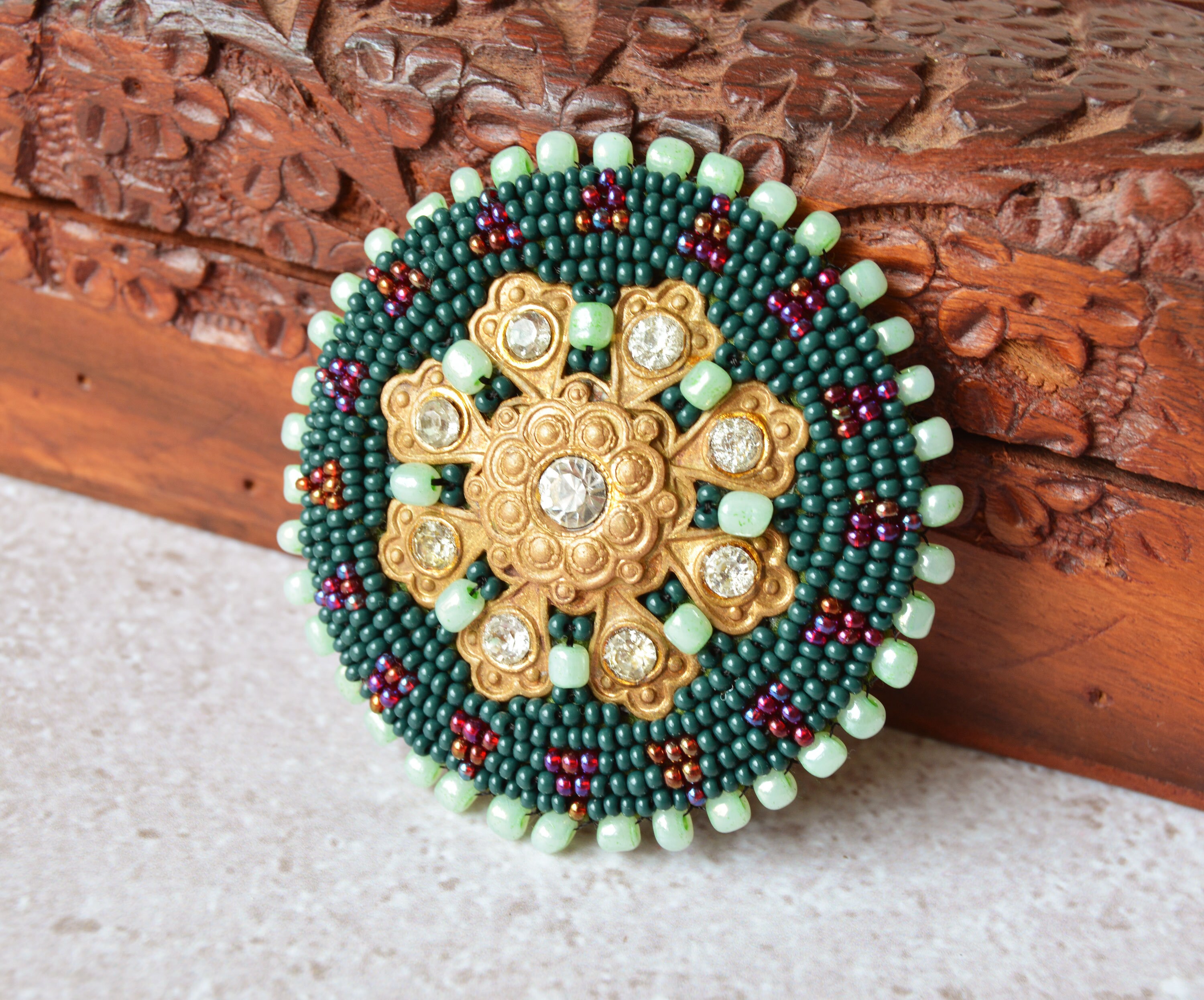 Forest green medallion 2.5 inches, Royal beaded brooch, Southwestern medallion