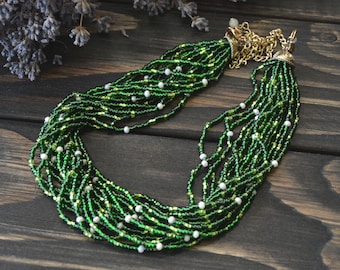 Handmade Green Seed Bead Multi Strand Necklace: Festive Choker