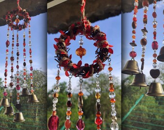 Fall fairy suncatcher with ringing bells, Sparkling prisms and crystals windchime, Autumn circle suncatcher with leaves