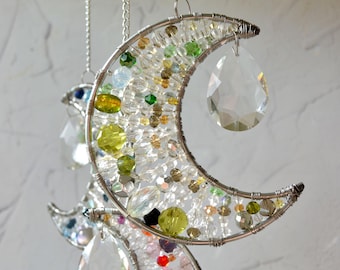 Moon Suncatcher: Crystal Crescent Moon Window Hanging, Rainbow Maker, Boho Home Decor