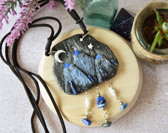 Polymer clay mountains necklace with lapis lazuli, Night in cold mountains landscape necklace