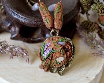 Woodland necklace with muscari flowers, Forest flowers jewelry, Mossy wood cameo pendant