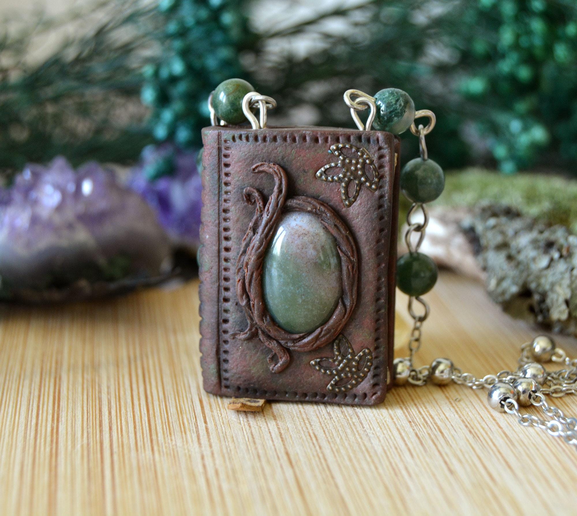 Woodland spell book necklace with moss agate, Magic spell tome pendant, Fantasy jewelry, Magician books miniature, Forest witch pendant