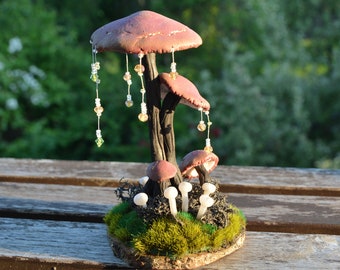 Fantasy whimsical mushroom tree, Fairy forest miniature, Polymer clay mushroom, Magical fungi figurine