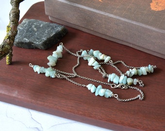 Raw green aventurine chain necklace, Long stacking necklace 31 inches, Handmade flapper necklace