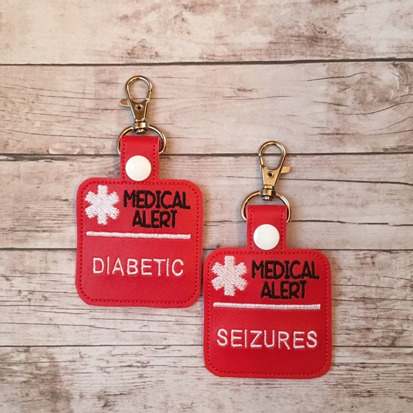 Diabetic Seizures Asthma Medical Alert Bag Tag Lunch Box Bookbag Laptop Bag Zipper Pull Key Chain Snap Tab by Sara Sews Stuff