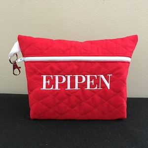 Quilted Red Epipen Allergy Bag Lined Zipper Bag with Fun Novelty Lining By Sara Sews Stuff