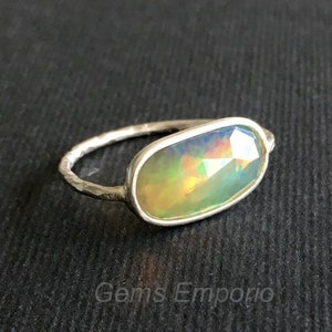 Opal Ring, Birthstone Ring, Handmade Ring, Hammered Texture, 925 Silver Ring, Birthday Gift, Ethiopian Opal Rose Cut