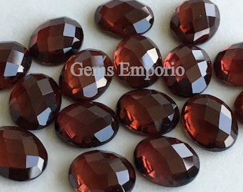 Red Garnet Checker cut Oval Cabochons 10x8 mm. Faceted Oval Cabs, Flat Back. January Birthstone. Price per piece.