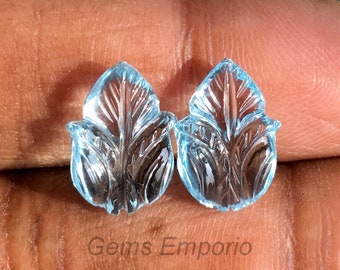 Swiss Blue Topaz Lotus Carved Drops, Size 14x10 mm, Fine Quality Gemstone. Beautiful Gemstone Pair, Price By Pair.