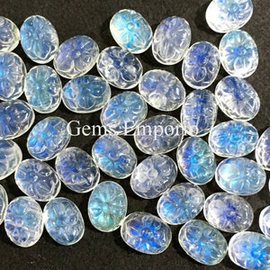 Natural Moonstone Oval Cabochons. Size 8x6 MM. Top Surface Carved in Flower Rainbow Moonstone. Excellent Quality. Sold per Piece