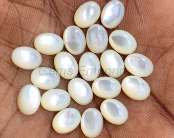 MOP Cabochon Size 6x4 mm, 7x5 mm, 8x6 mm, Mother of Pearl Flat Oval Cabochons, Fine Quality Gemstone. White Cabs, Price per Piece and Lot.