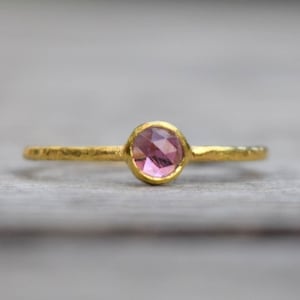 Pink Tourmaline Ring, October Birthstone, Gold Stack Ring, Handmade Ring with Hammered Texture, Pink Tourmaline size 4 mm, Engagement Ring.